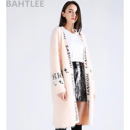 BAHTLEE Winter Womens Angora Rabbit Long Cardigans Jumper Mink Cashmere Knitting Sweater Looser Keep Warm Letter Jacquard Weave