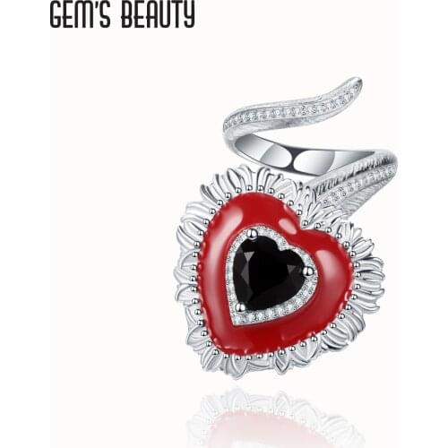 GEMS BEAUTY 925 Sterling Silver July Birthstone Rings For Women Natural Heart Cut Black Onyx Handmade Adjustable Open Rings