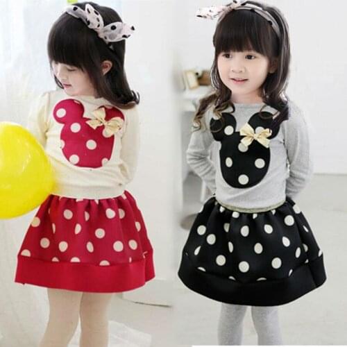 2016 New arrival spring Autumn girls T-shirt + skirt 2pcs clothing mouse dot Princess dress childrens suit