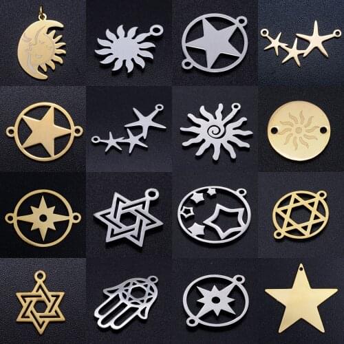 5pcs/lot Sun Star Of David DIY Charms Wholesale 100% Stainless Steel Hamsa Hand Connectors Charm Moon Starry Jewelry Pendant