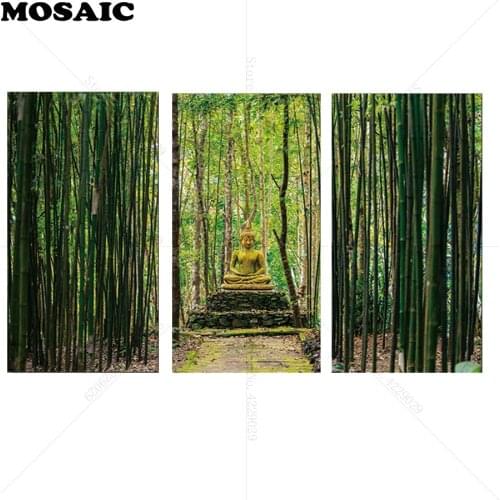 5D DIY Diamond Painting Cross Stitch Buddha Green Bamboo art Needlework Home Decorative,Full Square Diamond Embroidery 3pcs/set