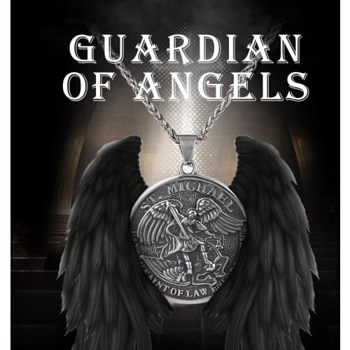 CFBulongs Angel Guardian Saint Michael Stainless Steel Mens Necklace Pendant Hip Hop Boy Creative Jewelry Gift