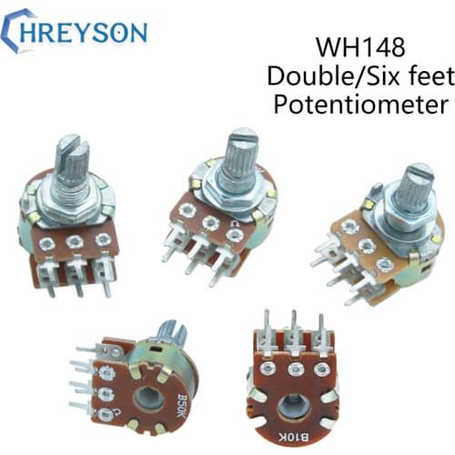 2Pcs WH148 1K 2K 5K 10K 20K 50K 100K 500K Shaft Amplifier Dual Stereo Potentiometer B1K B2K B5K B10K B20K B50K B500K 6Pin 15mm