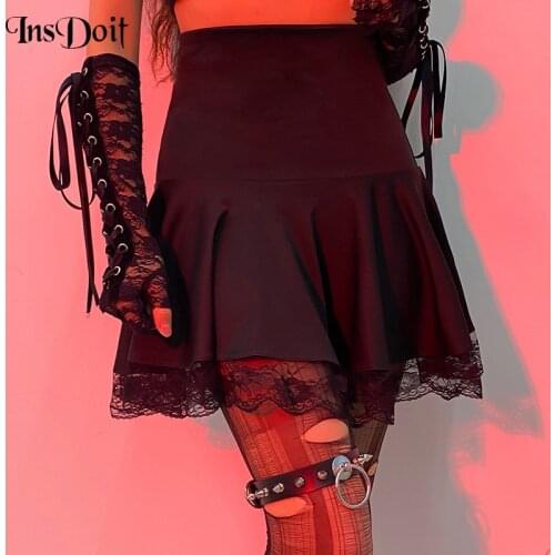 InsDoit Gothic Black Summer Skirt Women Streetwear Harajuku Vintage Lace Sexy Skirts Aesthetic Elegant High Waist Short Skirts
