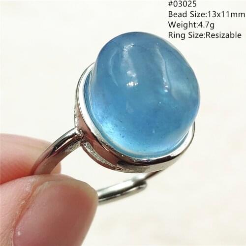 Genuine Natural Blue Aquamarine Ring Crystal Clear Bead Adjustable Ring 925 Silver Rectangle Oval Ring AAAAA Drop Shipping