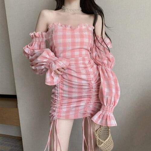 Summer Vintage Plaid Folded Puff Sleeve Slim Plus Size ins Strap Sexy Casual Sweet Ulzzang Women Dress Off Shoulder Party Dress