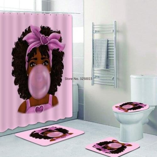 Love Music Decor Pink Black Girl with Headset Shower Curtain Set Cute Cartoon African American Bathroom Curtain for Kid Bathroom