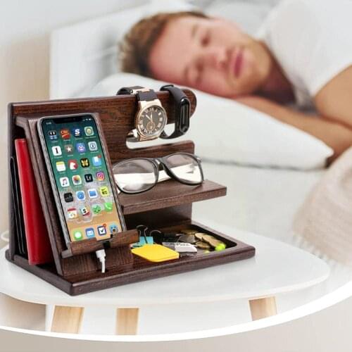Multifunction wooden Mobile Phone Holder Cords Organizer Desktop Rack Stand Charging Watch Key Charging Station Glasses Sto I1V6