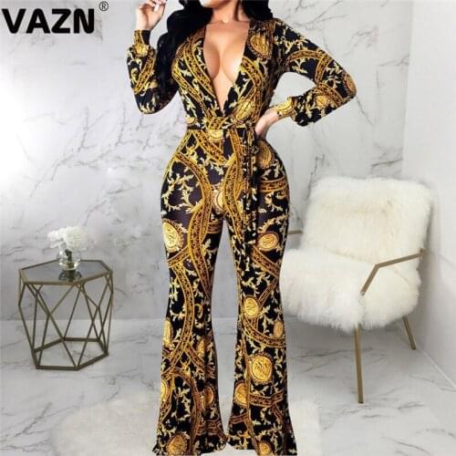 VAZN 2020 New Arrival Retro High-end Mature Sexy Club Deep V-Neck Full Sleeve High Waist Women Slim Flare Jumpsuits