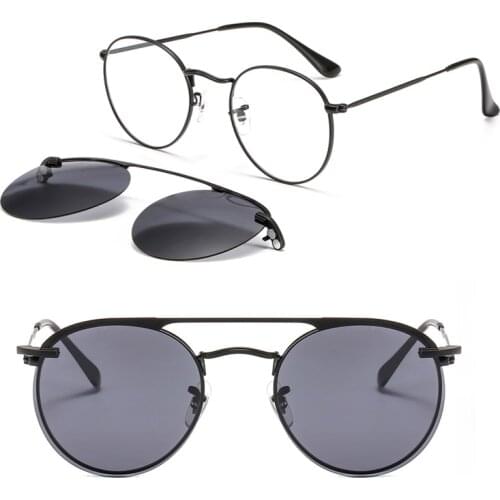 Metal clip on prescription glasses round shape trendy eyeglasses with megnatic steel clip-ons polarized sunglasses lens 3040