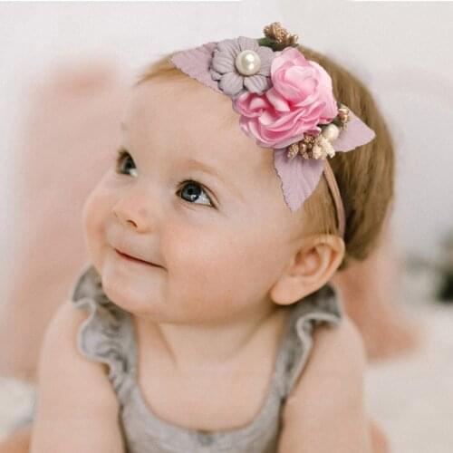 Baby Girls Headband Flower Hair Accessories For Children Nylon Hair Band Pearl Newborn Photo Props Infant Kids Bandage Traceless