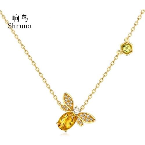 HELON Sterling Silver 925 Oval Round Genuine Citrine Peridot insect Design Pendant Necklace Women Cubic Zirconia Necklace Gift