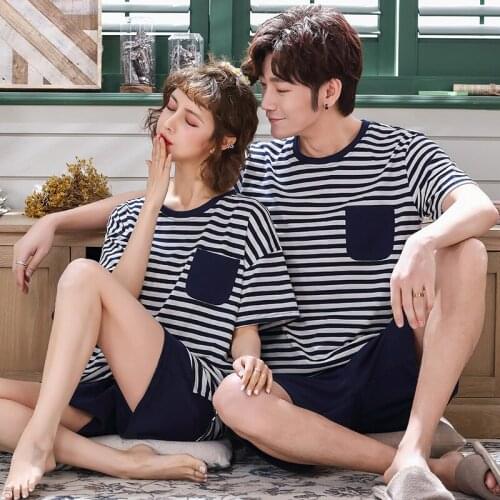 New Summer Cotton Striped Couple Pajamas Set Short Sleeve Round Neck Casual Soft Women Pyjamas Plus Size M-3XL Lovers Sleepwear
