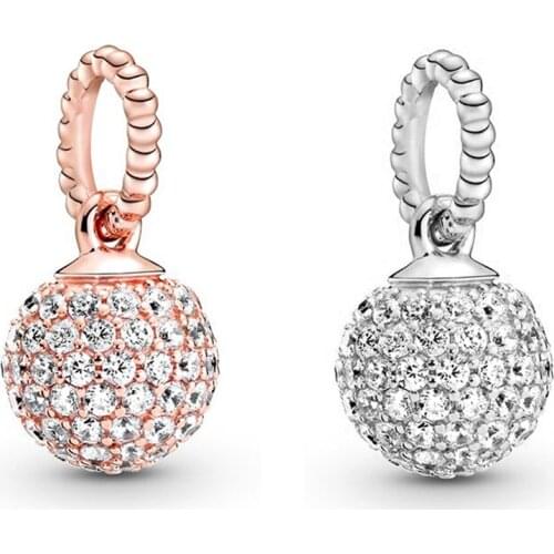 Full Clear Crystal Ball Pendant Fit Original Pandora Charms Bracelet Rose Silver Color Sphere Beads DIY Jewelry for Women Bangle
