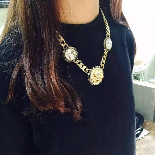 O48 Big Lion Head Cuban Punk Gold Plated Chain Cysta Pendant Necklace For Girl Hip Hop Jewelry Gift 2021