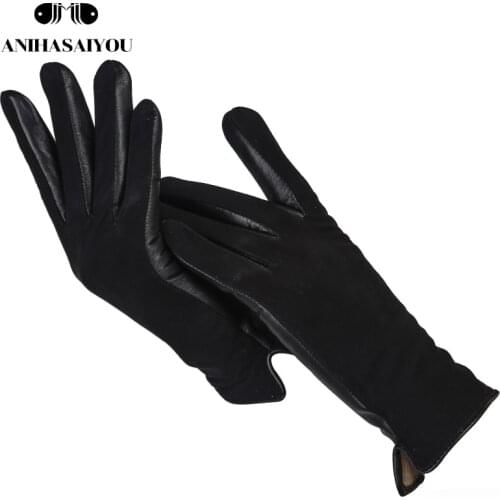 Simple short womens gloves,High grade genuine womens leather gloves,Matte leather black leather gloves women - 0717