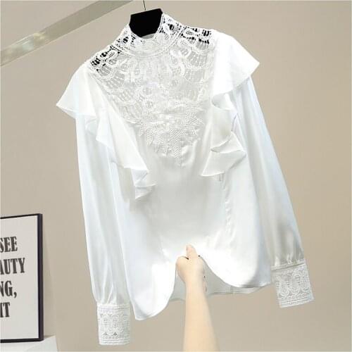Hollow Lace Patch Lotus Leaf Stand Collar Pullover Shirt Female Temperament Solid Color Blouses Blusas Elegant Lady Chic Top