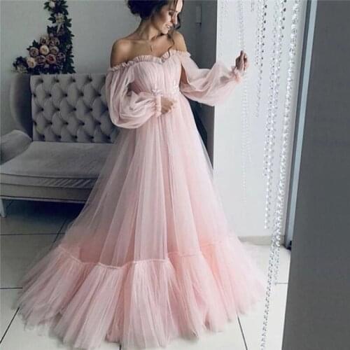 Pink Arabic Dubai Women Evening Dress 2019 With Long Sleeves Prom Dress Party Gown Sexy Tiered Tulle Light Blue robe de soiree