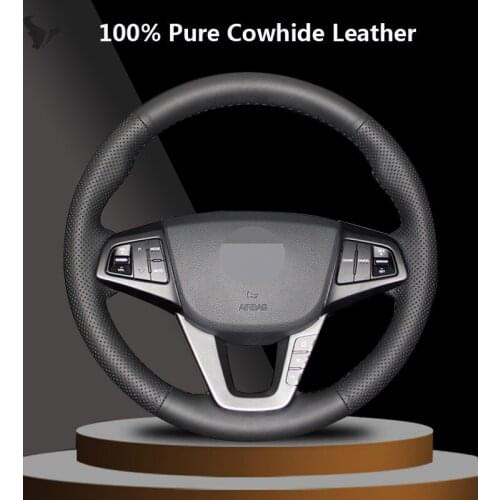 Hand-stitched Black Genuine Leather Steering Wheel Cover for Hyundai Mistra 2013 2014