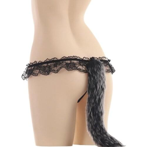 Artificial Fox Fur Tail Thong Womens Sexy Plush Lace Underwear Mesh Bow Role Play Clothing Japanese Cute and Comfortable