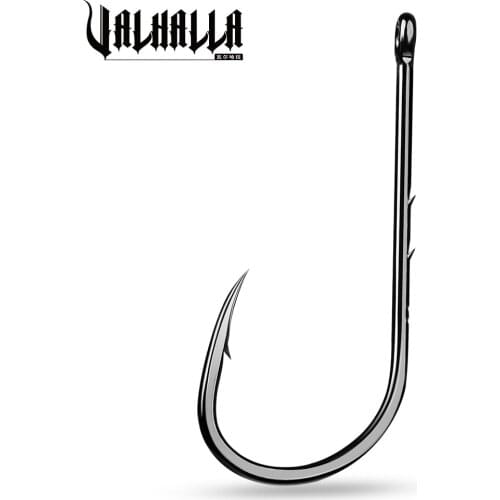 VALHALLA 50pcs/box Fishhook 6#-6/0# High Carbon Steel Black Nickle Sharp Barbed Offset Jig Big Bait Hook Fishing Hooks