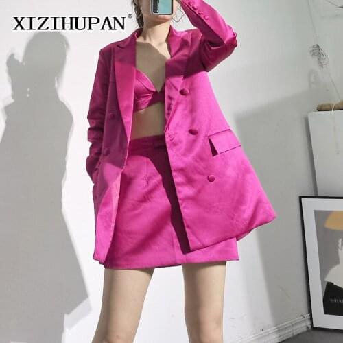 XIZIHUPAN Elegant Three Piece Set For Women Notched Long Sleeve Coat Sexy Vests High Waist A Line Mini Skirts Casual Sets Female