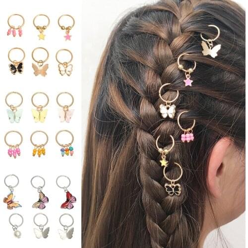 6Pcs Butterfly Star Pendant Hair Clip For Women Braid Trendy Metal Hair Rings DIY Western Style Hair Accessories Girls Headdress