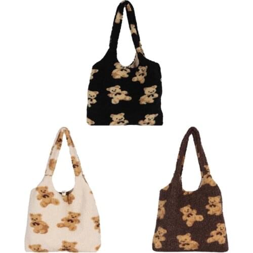 Cute Plush Bear Pattern Women Tote Bag Messenger Casual Daily Wear Hand Bag Purse Large Capacity Money Clutch Fashion