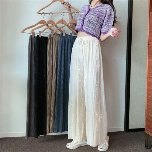 2021 Women Chiffon lce Silk Straight Pleated Wide Leg Pant Mode Femme High Waist Spodnie Szerokie Nogawki Pantalones Mujer A191