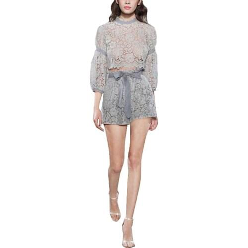 2019 Autumn Womens 2 Piece Sets Fashion Lace Long Sleeve Top + lace Shorts Sets Casual Women 2 Pcs Set