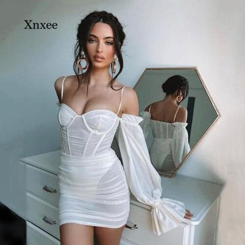 2021 Summer Womens Pure Color Mesh Summer Dress Womens Spaghetti Straps Long Petal Sleeves Halter Sexy Mini Dress Club Party