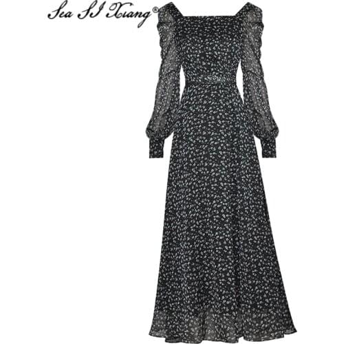 Seasixiang 2021 Fashion Designer Summer Chiffon Dress Women Square Collar Puff Sleeve Sashes Flower Print Vintage Long Dresses