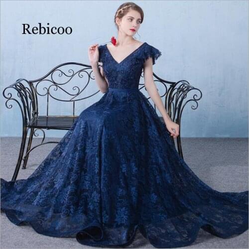 New Vintage V neck A-line Long party Dress Navy Blue Tulle Sexy Prom Party Dresses