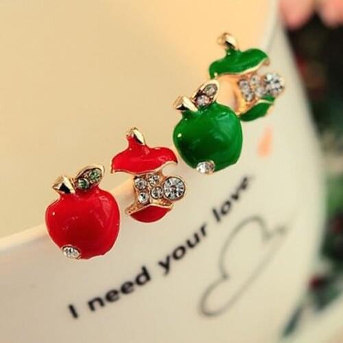1 Pcs Fashion Earrings Women Asymmetrical Apple Rhinestone Ear Stud Earrings Charm Lady Crystal Women Gift Ear Accessories