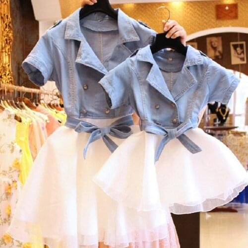 Mather Daughter Tutu Dresses 2 Two Pieces Set Denim Shirt+ White Tutu Skirt Family Matching Outfits Clothes Mommy and Me Dress