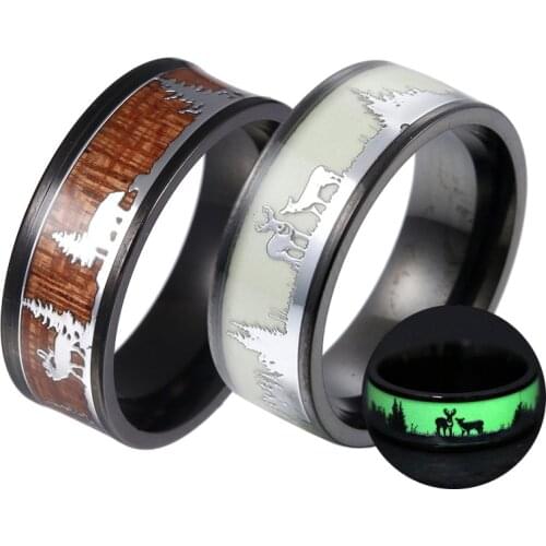 2020 Black Tungsten Hunting Ring Wedding Ring Wood Inlaid Deer Antler Silhouette Exquisite Luminous Jewelry Party Carnival Gift