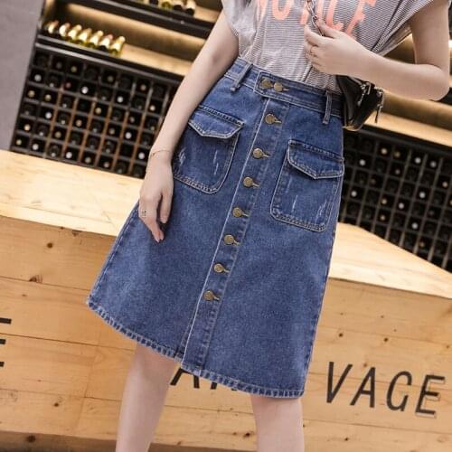 2021 Women Summer Loose Denim Skirts Female Vintage Pockets Single Breasted A-line Skirt Lady Casual Solid Plus Size Faldas K256