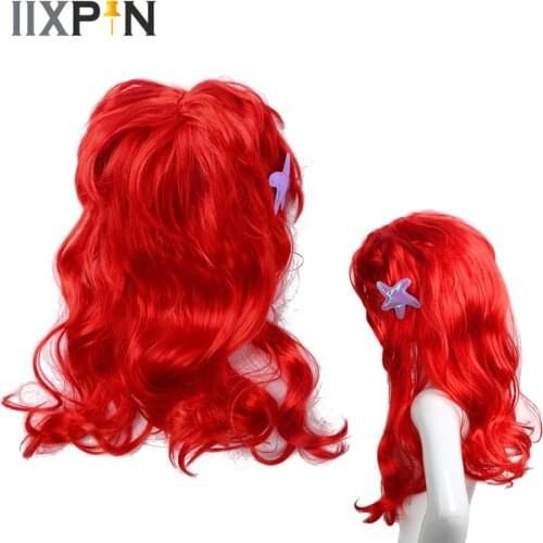 Girls Kids Mermaid Cosplay Wig Red Long Wavy Wigs Princess Dress Up Synthetic Hair Headwear Party Halloween Costume Accessories