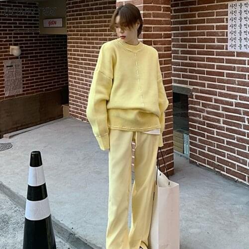 Women Sets 2 Piece Knitted Design O-neck Thicken Pullovers Full Length Split Hig Waist Drawstring Casual Pants Chic Ulzzang Cool