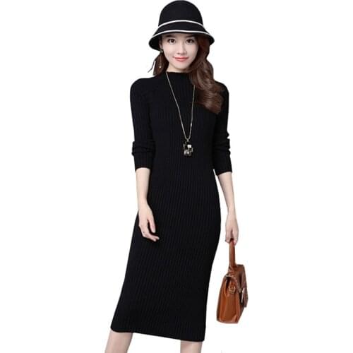 Fashion knit Pullovers dress female slim warm sweater bottoming dress medium Long autumn winter 2018women Elastic Pack hip Dress