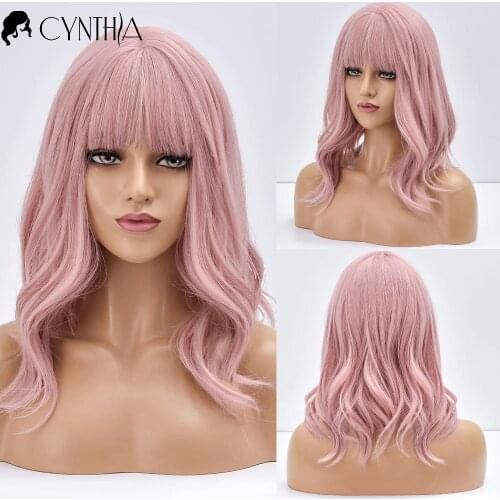 Half Purple Pink Wavy Medium Ombre Daily Synthetic Wig For Women With Bangs Natural Fiber Cosplay Heat Resistant Wig