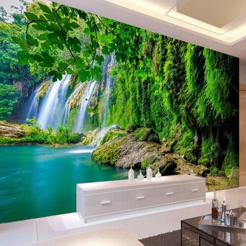 Custom 3D Mural Wallpaper Waterfall Green Landscape Waterproof Canvas Wall Painting Wallpaper For Living Room Bedroom Decoration