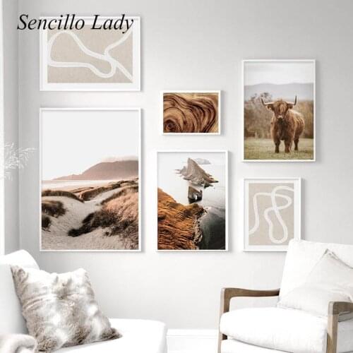 Ocean Sunset Cow Landscape Poster Scandinavian Style Abstract Art Print Decorative Wall Picture Nordic Painting Home Room Decor