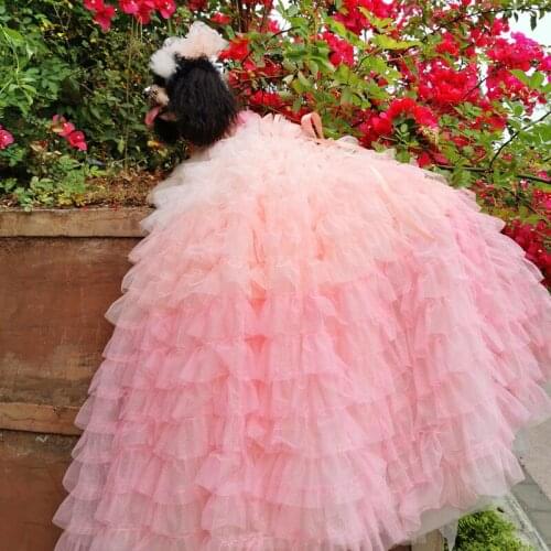 On Sale Handmade Luxury Dog Clothes Gradient Pink Tiered Skirt Trailing Wedding Dress Pet Party Evening Gown Poodle Maltese