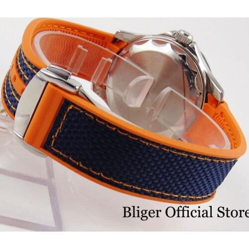BLIGER Rubber Strap Orange Blue Watch Band with Steel Bracelet Clasp 20mm Width Lug