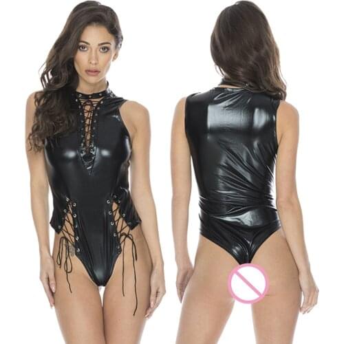 Sexy Wet Look PU Leather Bodysuit for Women Shiny Glossy Elastic Lace Up Strappy Teddy Lingerie Sex Latex Body Suit Clubwear