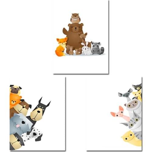 Modern Abstract Wall Art Cartoon Animals Paintings Nordic Dog Bear Cat Canvas Poster Prints Living Room Bedroom Corridor Decor