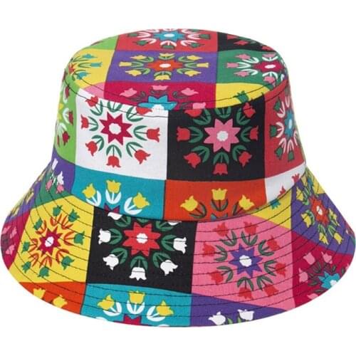 Ethnic Summer Wide Brim Bucket Hat Multicolored Geometric Floral Fisherman Cap