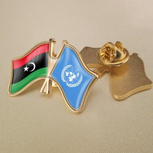 United Nations and Libyan Arab Jamahiriya Crossed Double Friendship Flags Lapel Pins