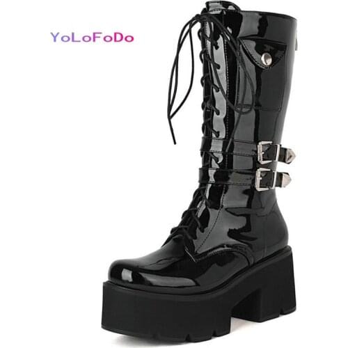 2021 Autumn Winter Women Mid Calf Boots Platform Square High Heel Ladies Lace Up Boots PU Leather Round Toe Women Motorcycle Boo